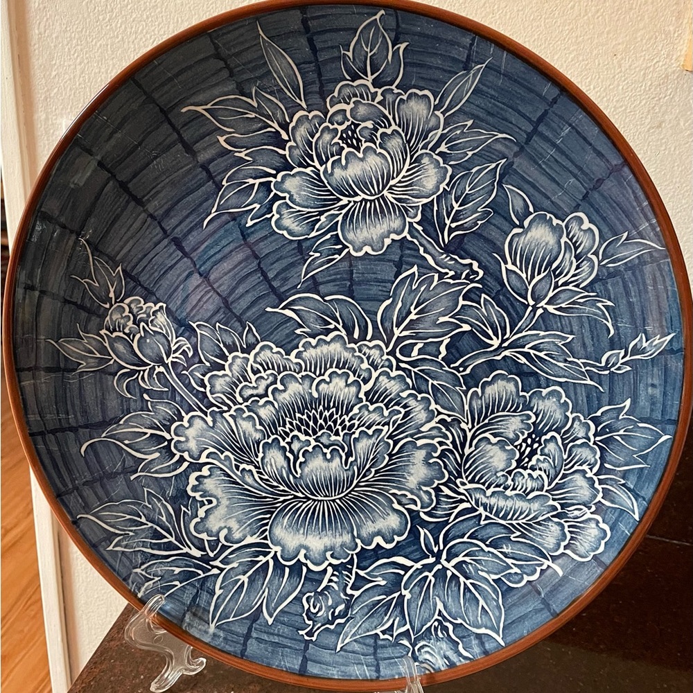 Vintage Made in Japan Large 15” Blue Floral Decorating or Serving Plate - Picture 7 of 7